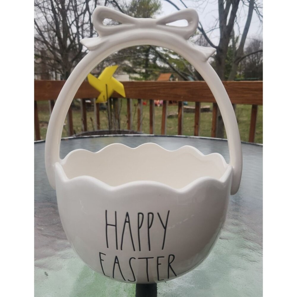 Rae Dunn White HAPPY EASTER Bow Top Ceramic Easter Basket